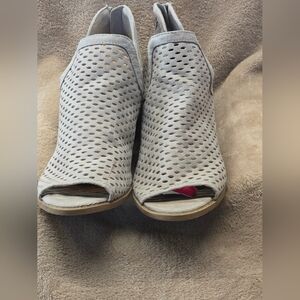 Qupid Perforated Light Gray Peep-Toe Mule with Cushioning